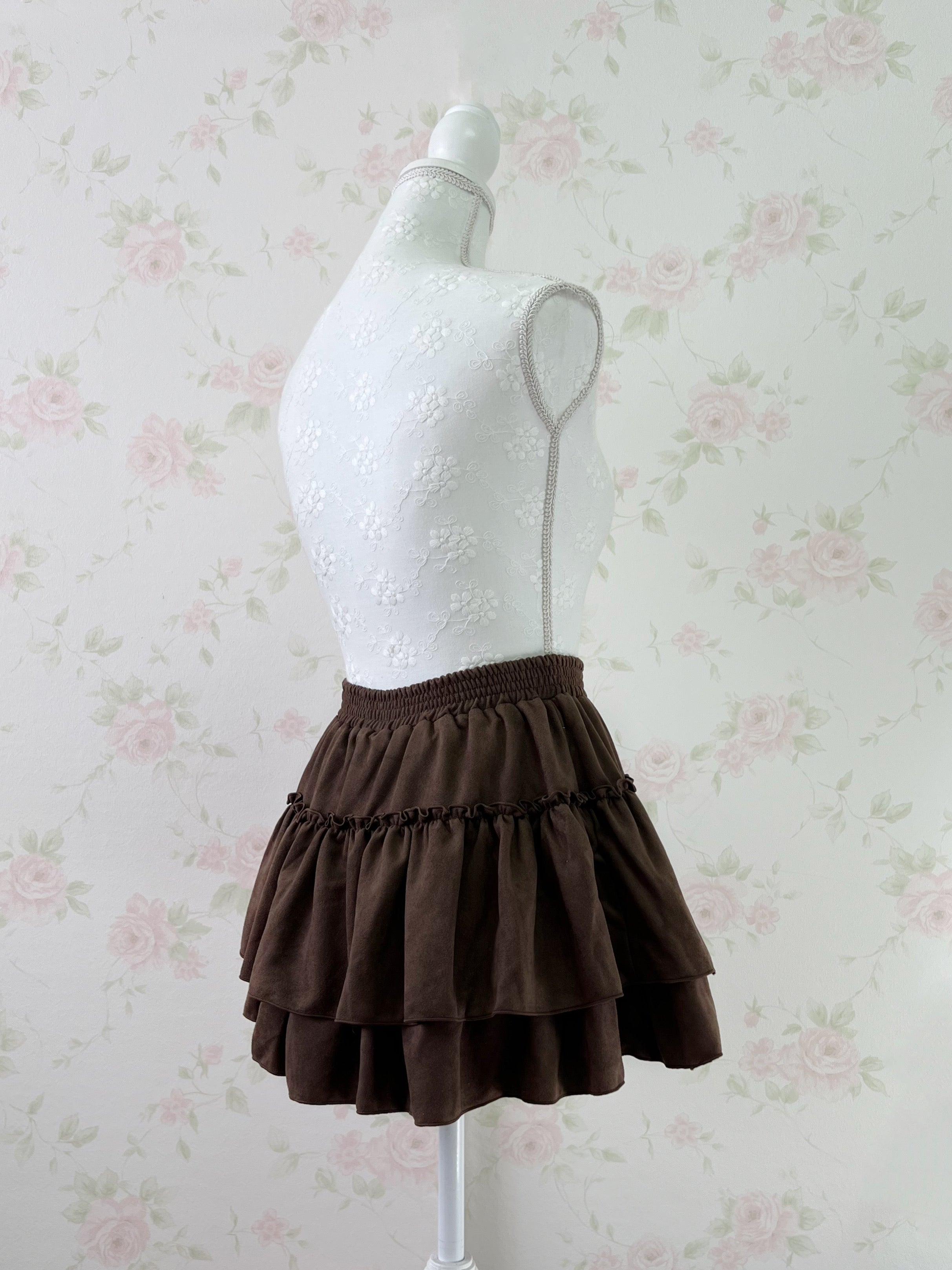 Suede Tiered Skirt (Brown)