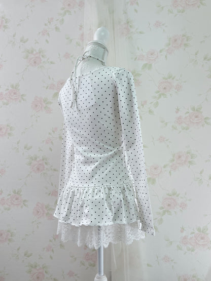Olive des Polka Dot Lace Hem T-shirt (White)