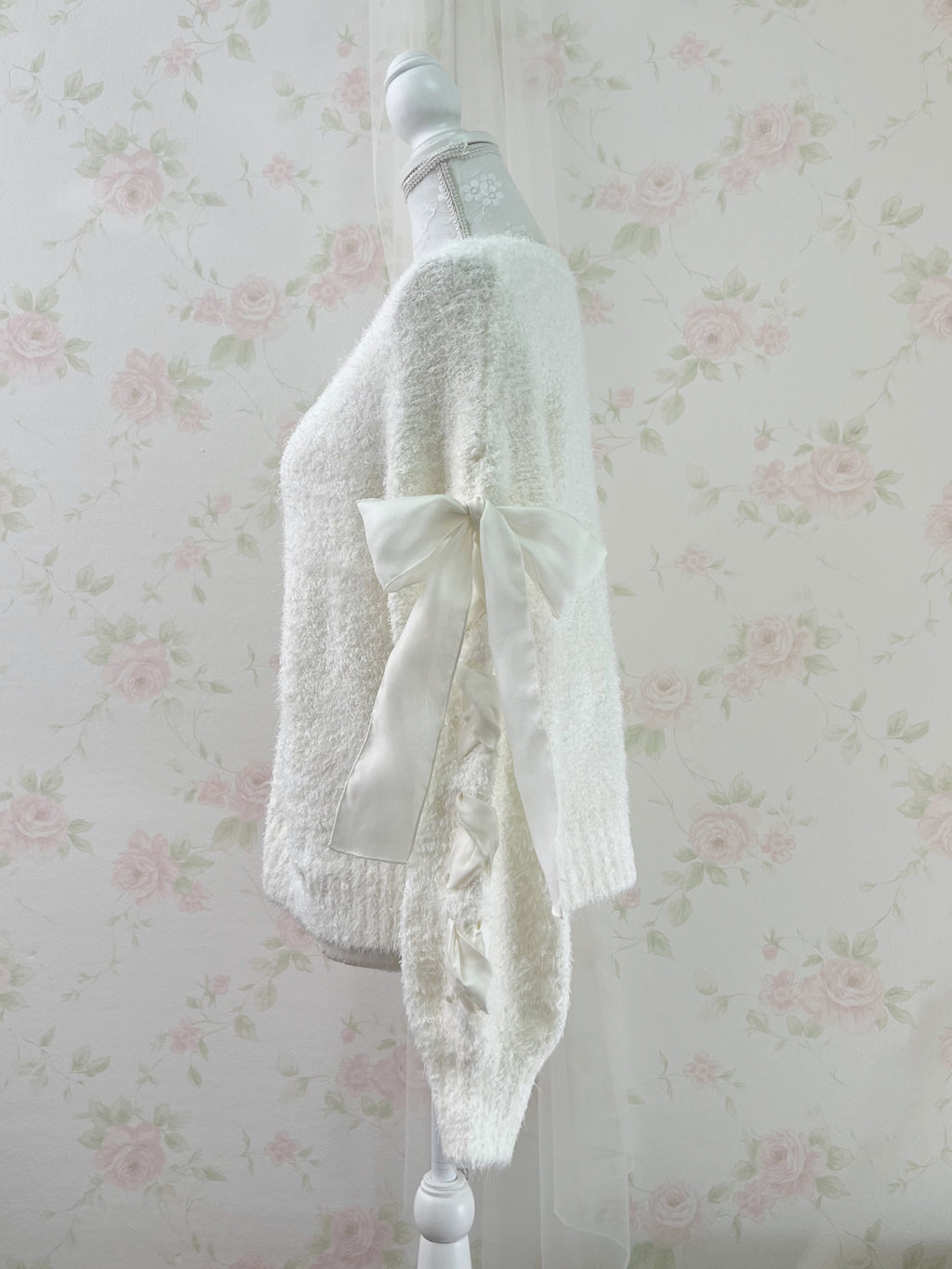 Laced Up Bow Shaggy Cardigan (Ivory)