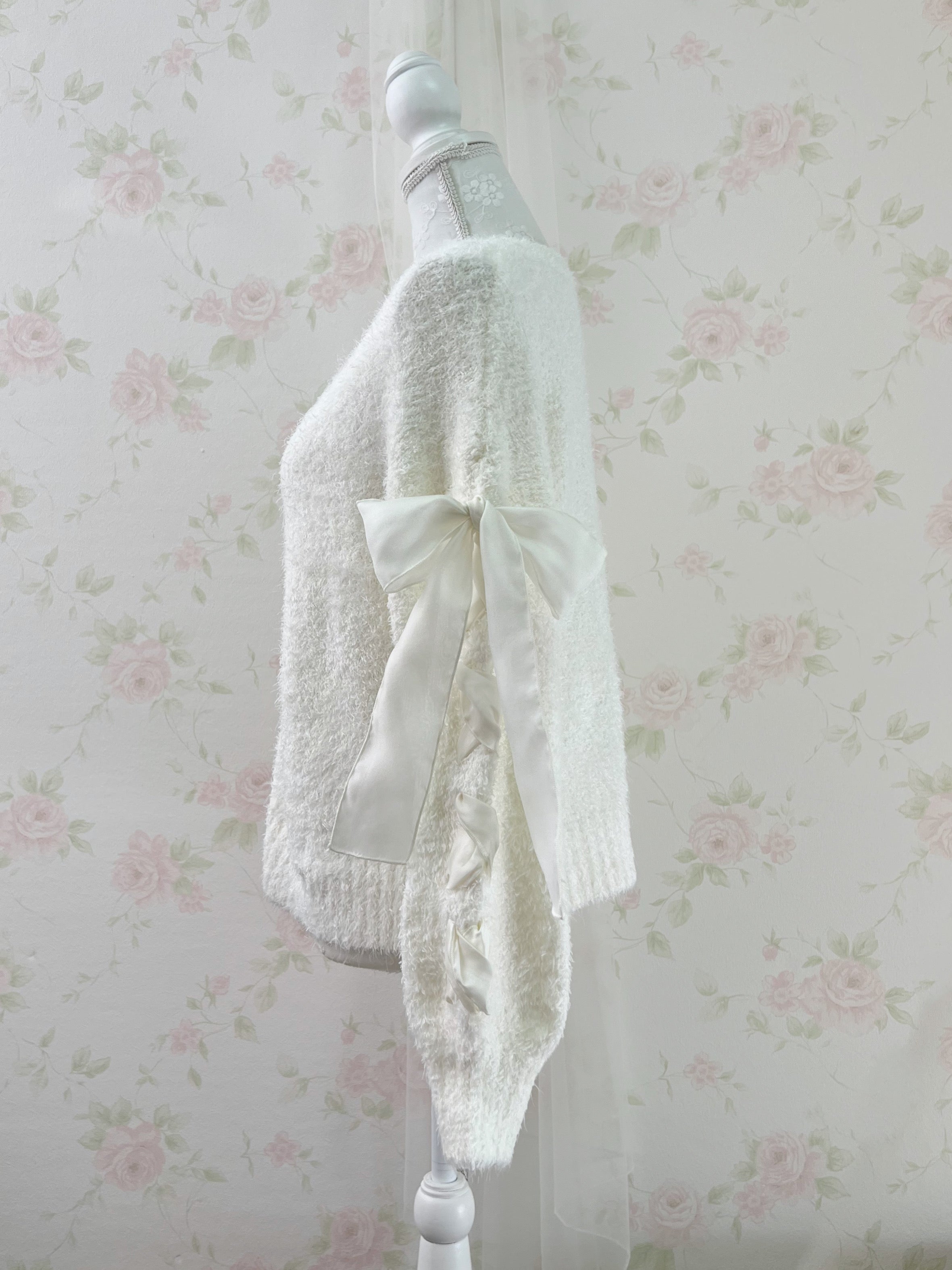 Laced Up Bow Shaggy Cardigan (Ivory)
