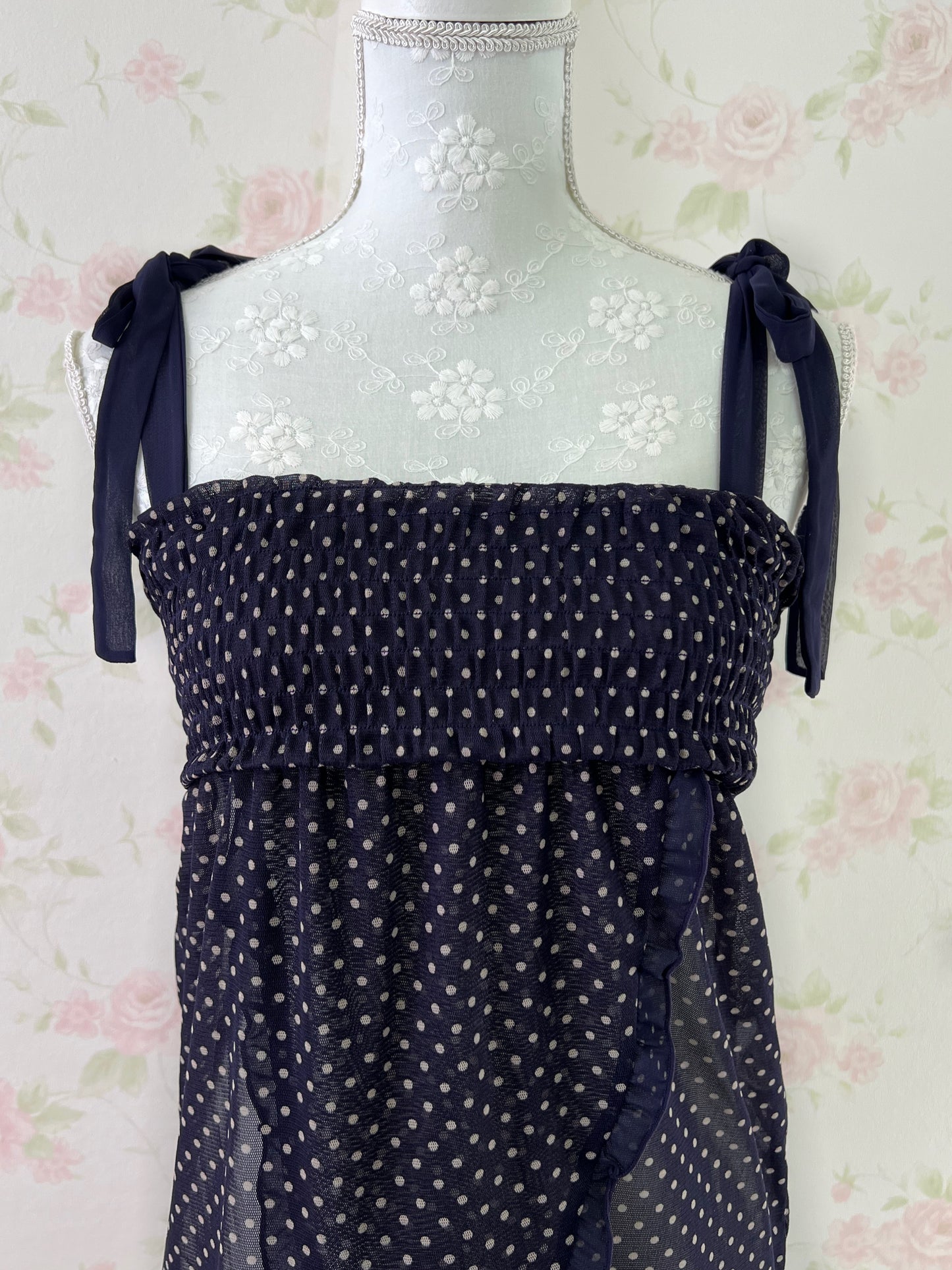 iiMK Polka Dot Shoulder Bow Babydoll Top (Purple Navy)