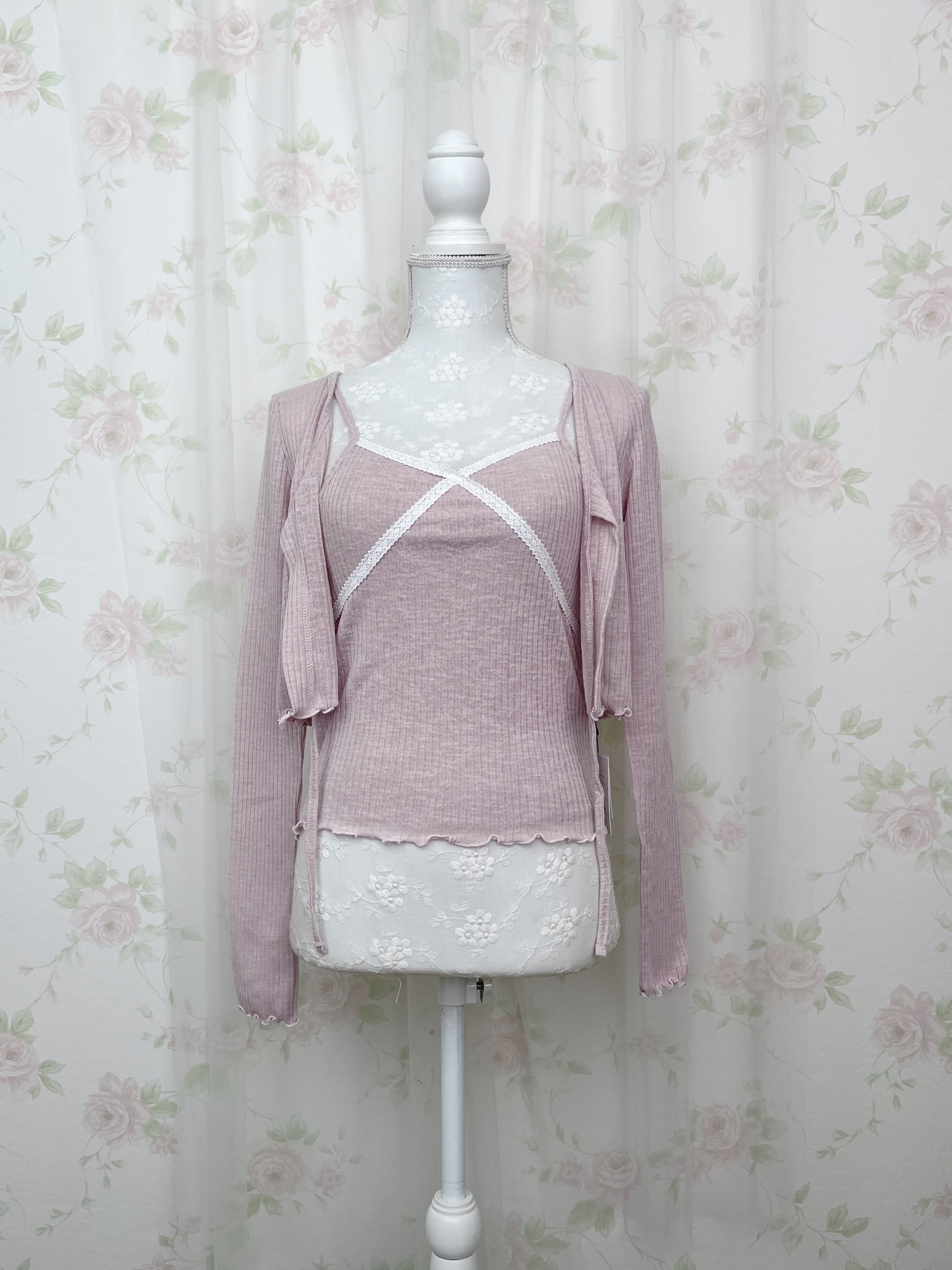 Lace Framed Camisole &Cardigan Set (Pink)