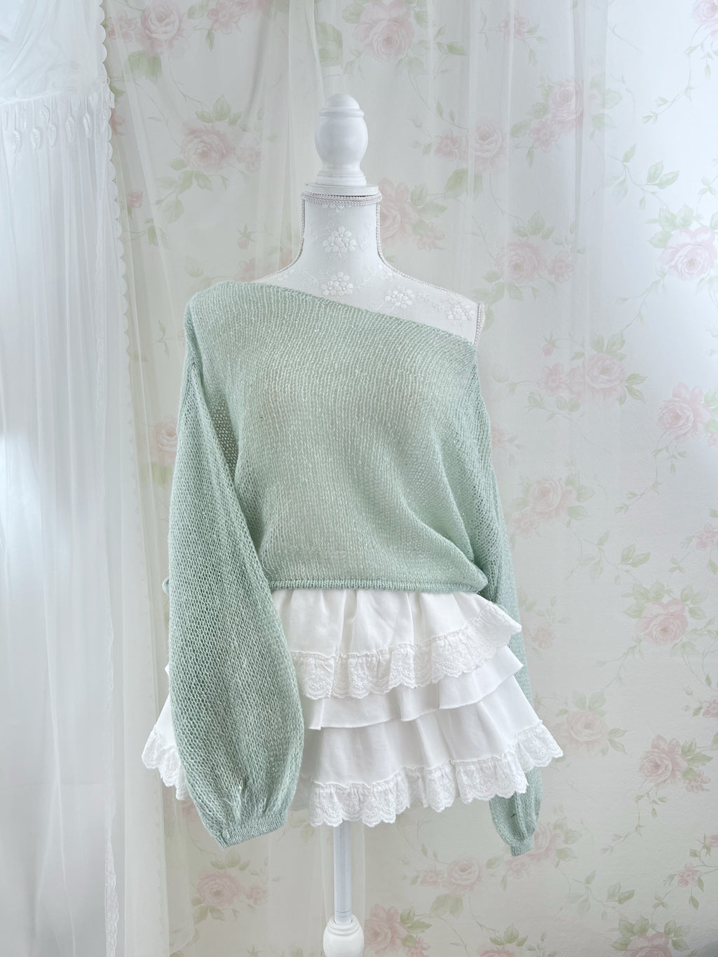 Side String Loose Sleeve Sweater (Mint green)