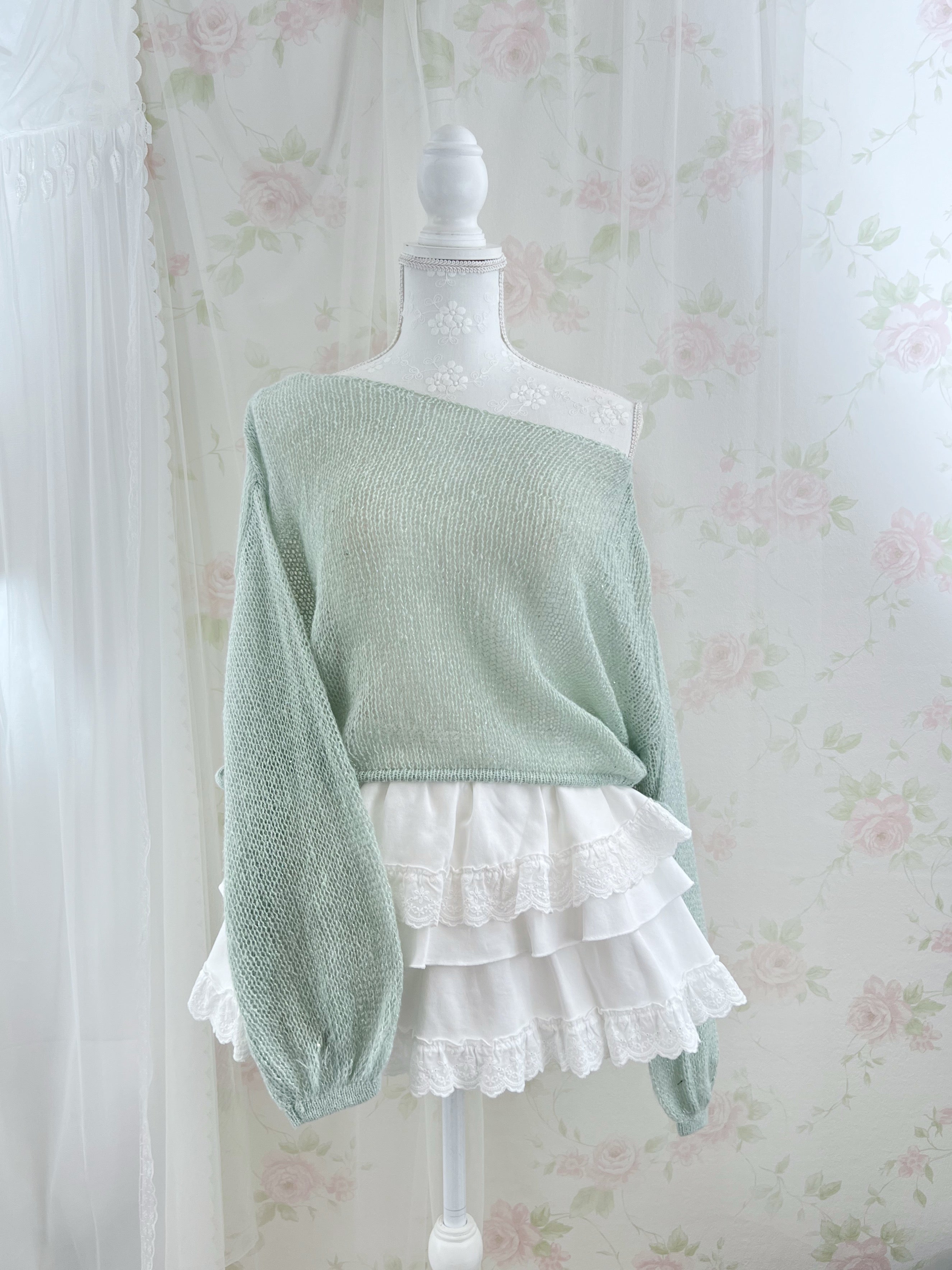 Side String Loose Sleeve Sweater (Mint green)