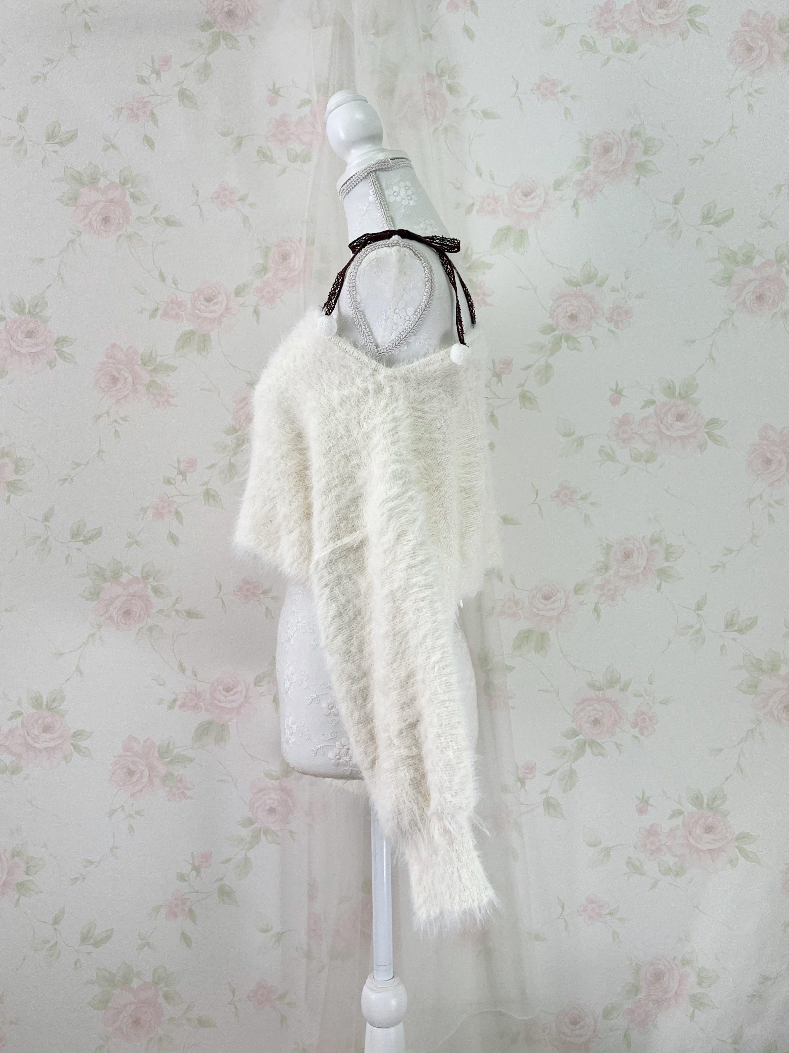 MultiPal Store Original Pom Pom Lace Strap Shaggy Sweater (Ivory)