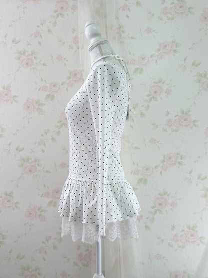 Olive des Polka Dot Lace Hem T-shirt (White)