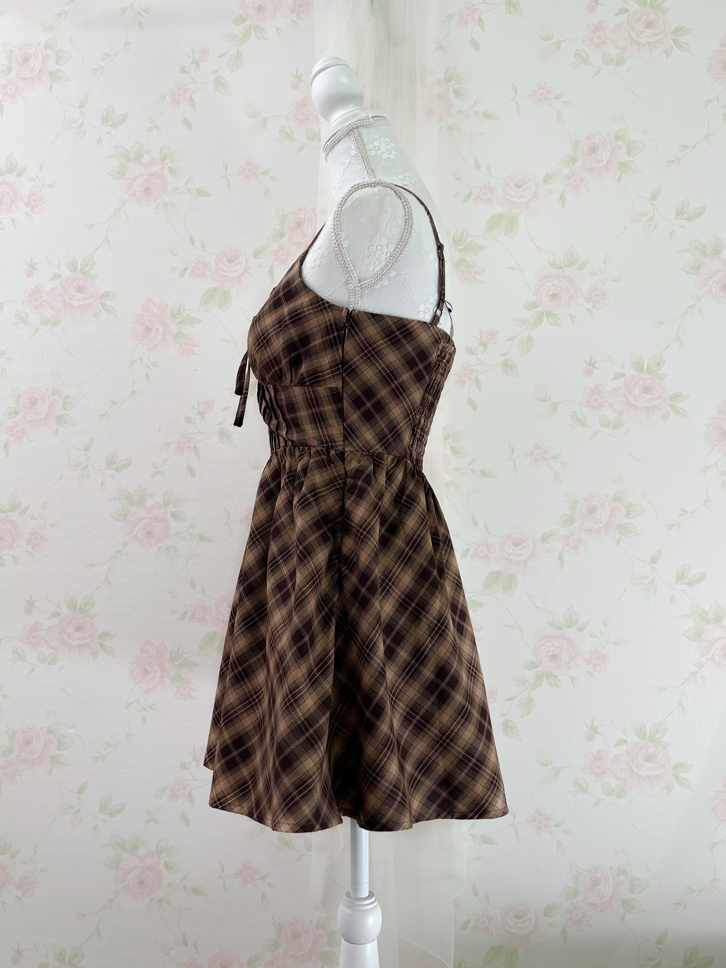 GRL Corset Camisole Checked Dress (Chocolate)