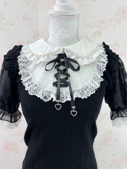 NOEMIE Crystal Heart Bow Lacy Collar Top (Black)