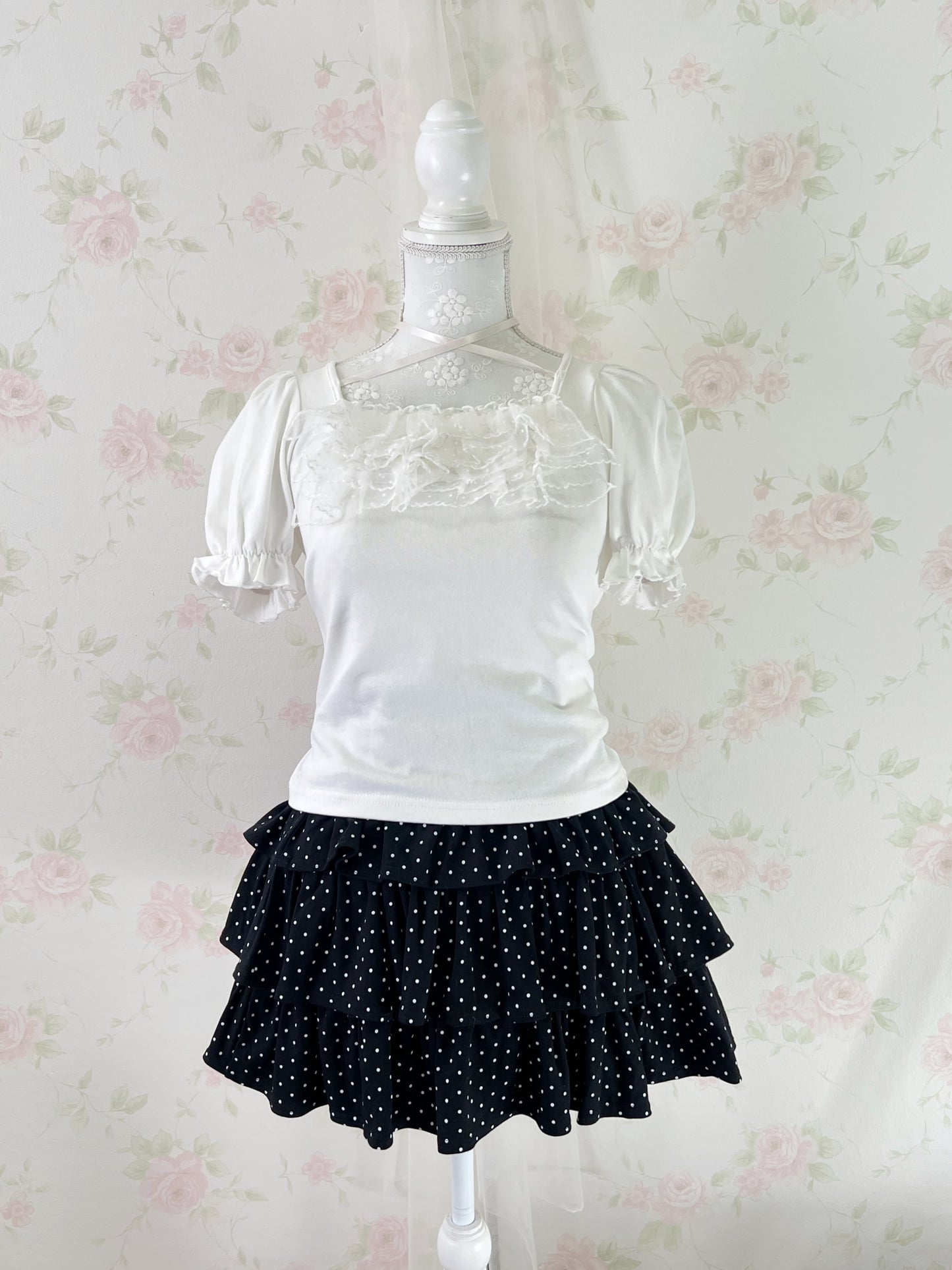 Polka Dot Tiered Skirt (Black)