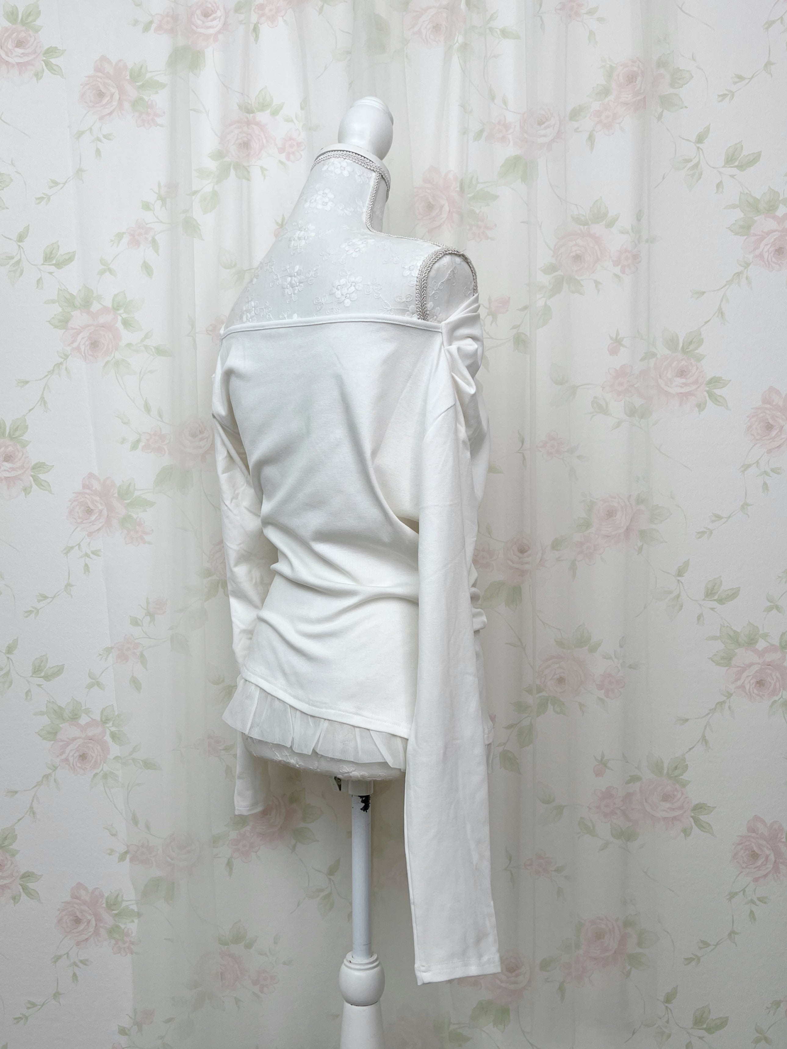 One Shoulder Drape Tulle Hem Top(White)