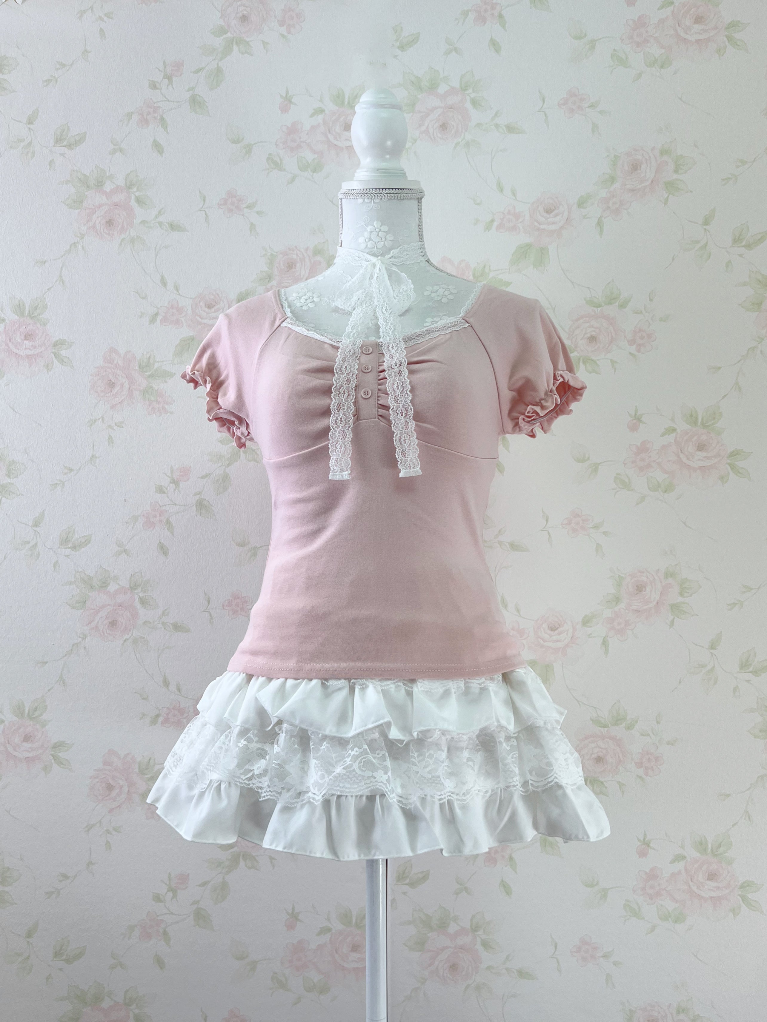 Lace Choker Girly Cotton T-Shirt  (Pink)