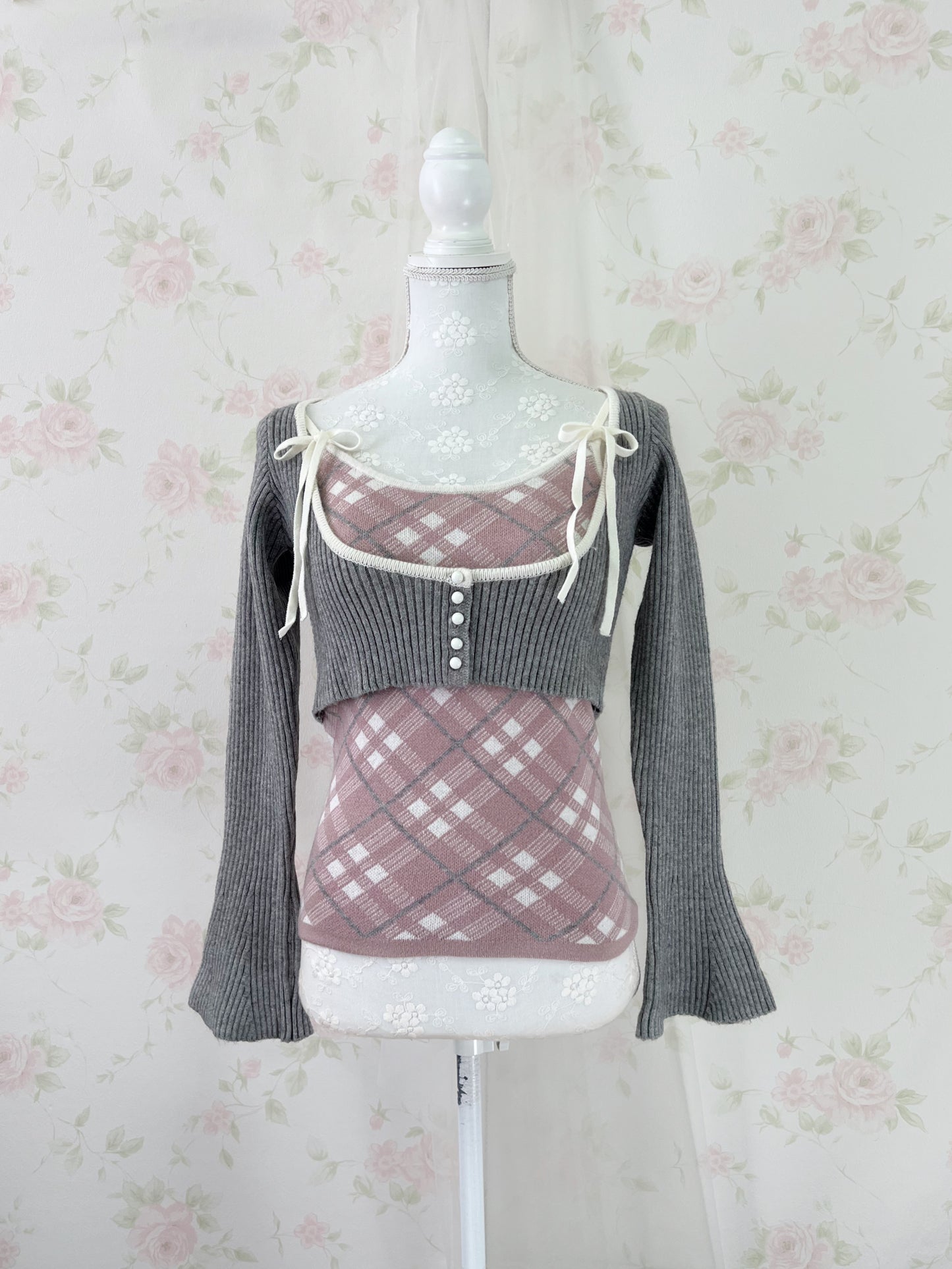 apres jour Short Knit Top & Camisole Set (Gray Pink)