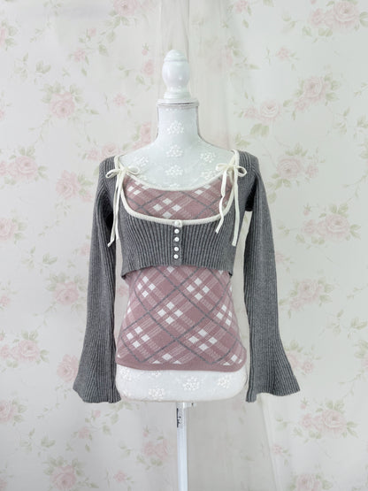 apres jour Short Knit Top & Camisole Set (Gray Pink)