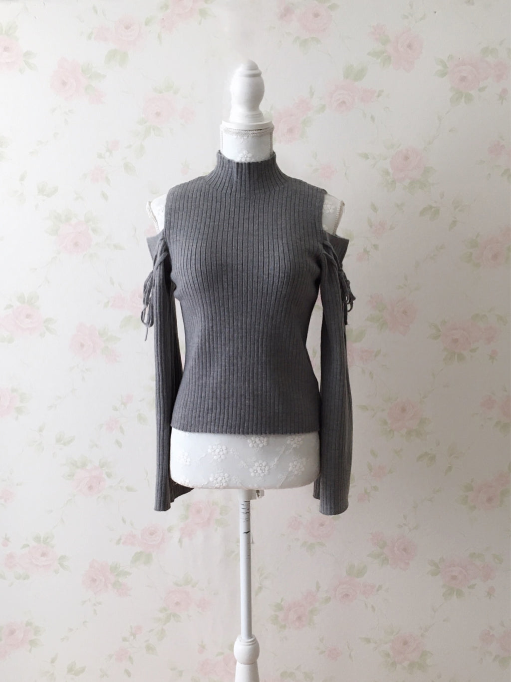 Open Shoulder String Sweater (Gray)