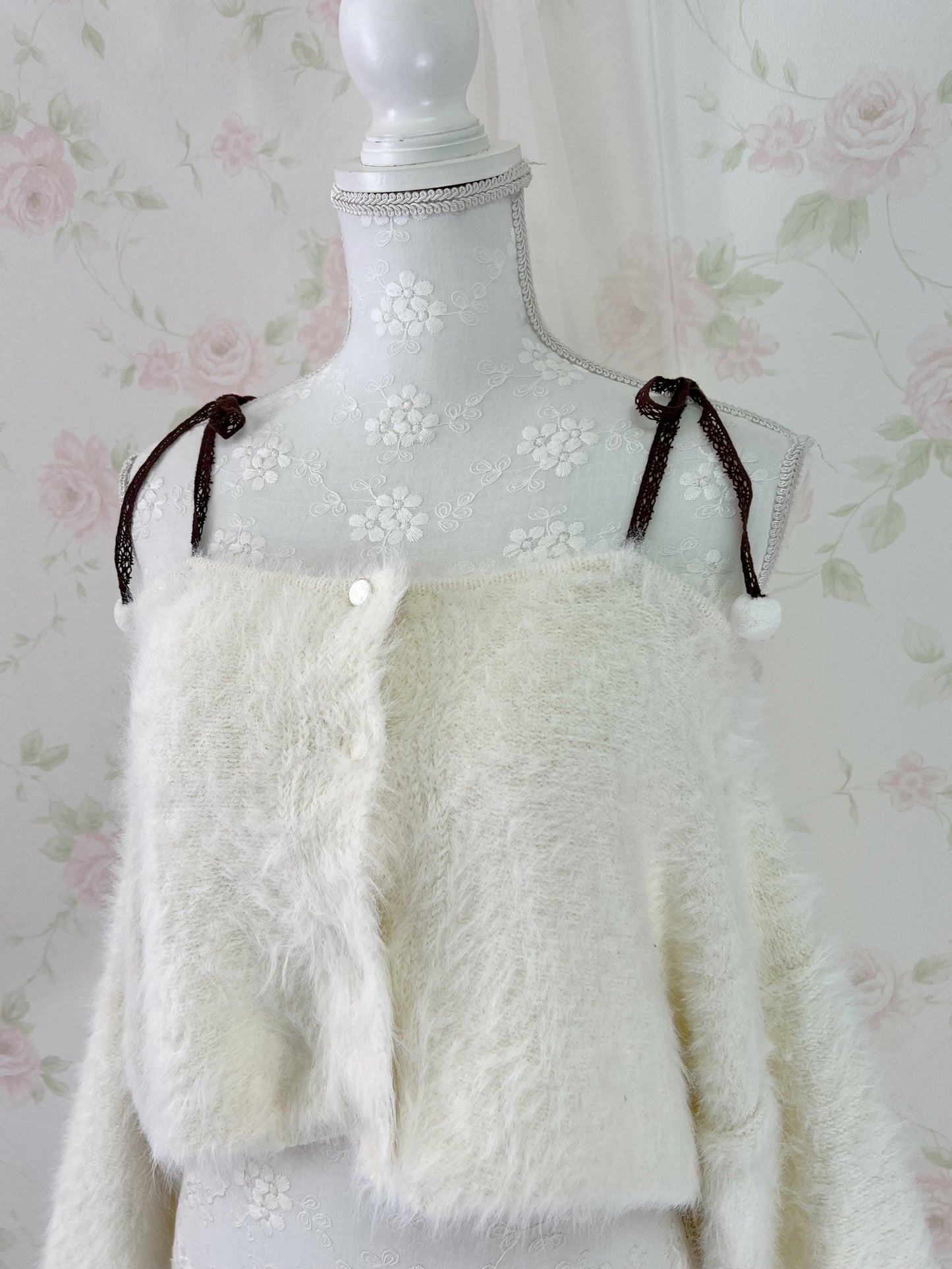 MultiPal Store Original Pom Pom Lace Strap Shaggy Sweater (Ivory)