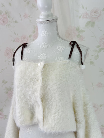 MultiPal Store Original Pom Pom Lace Strap Shaggy Sweater (Ivory)