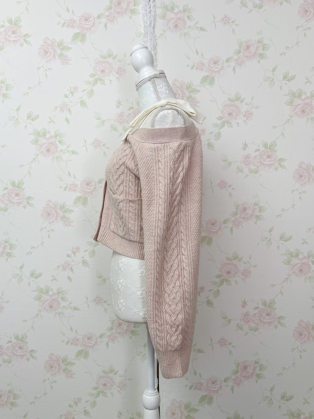 Ribbon 2 Way Shoulder Cardigan (Pink)