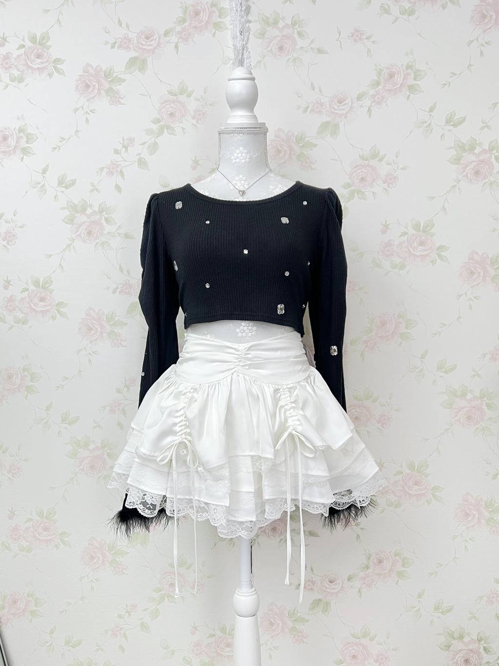 Ank Rouge Back Laced Up Feather Sleeve Top (Black)