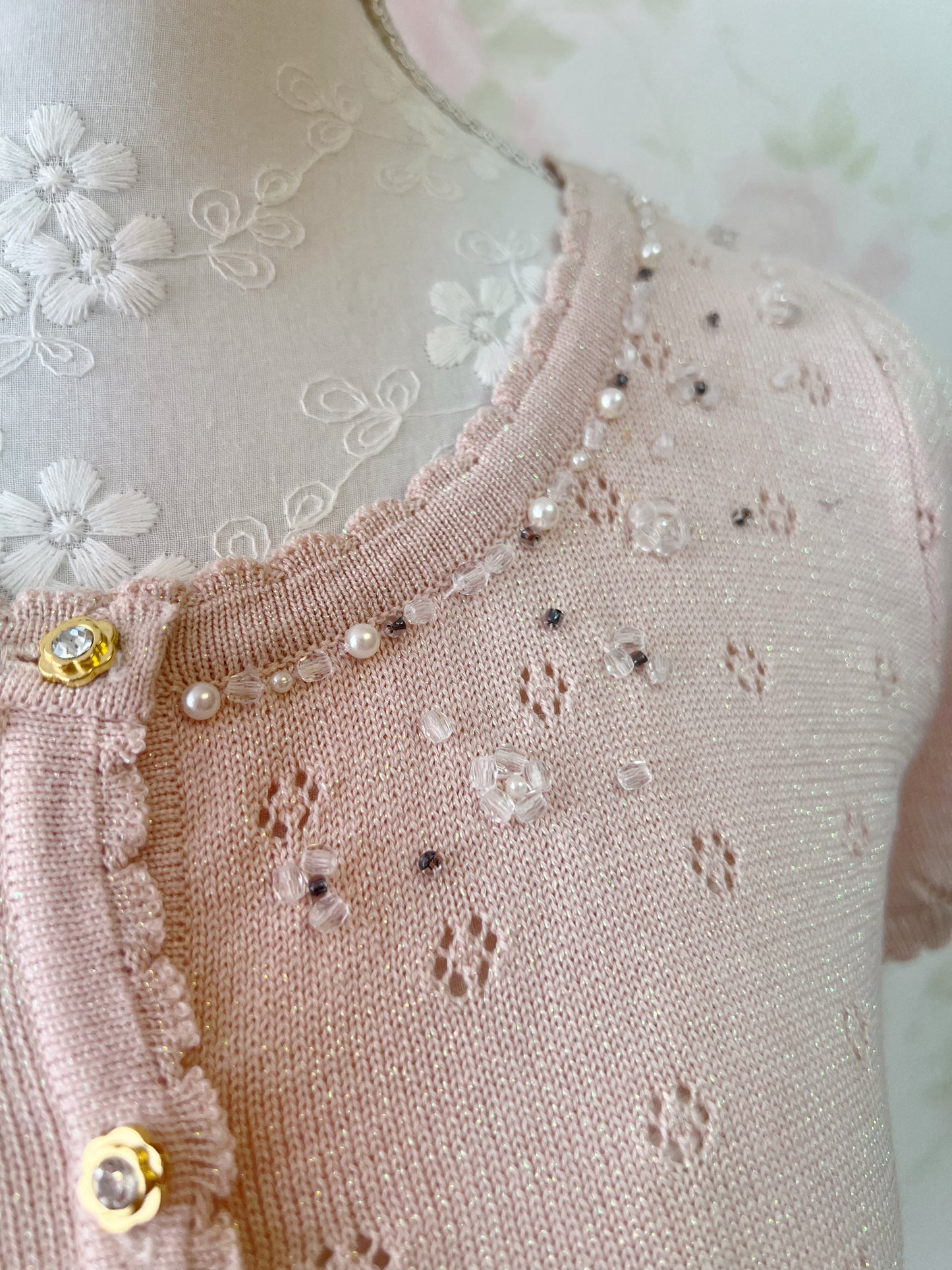 Prime Pattern Lame Shiny Fabric Beaded Cardigan (Pink Beige)