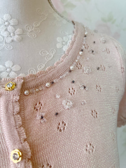 Prime Pattern Lame Shiny Fabric Beaded Cardigan (Pink Beige)