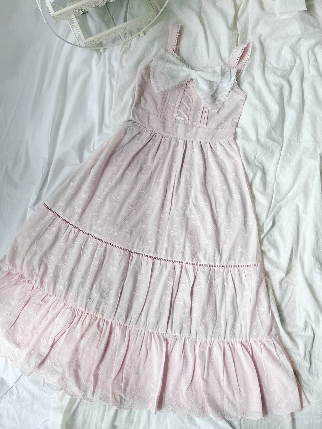 evelyn Ribbon Patterned Cotton Dress (Pink)