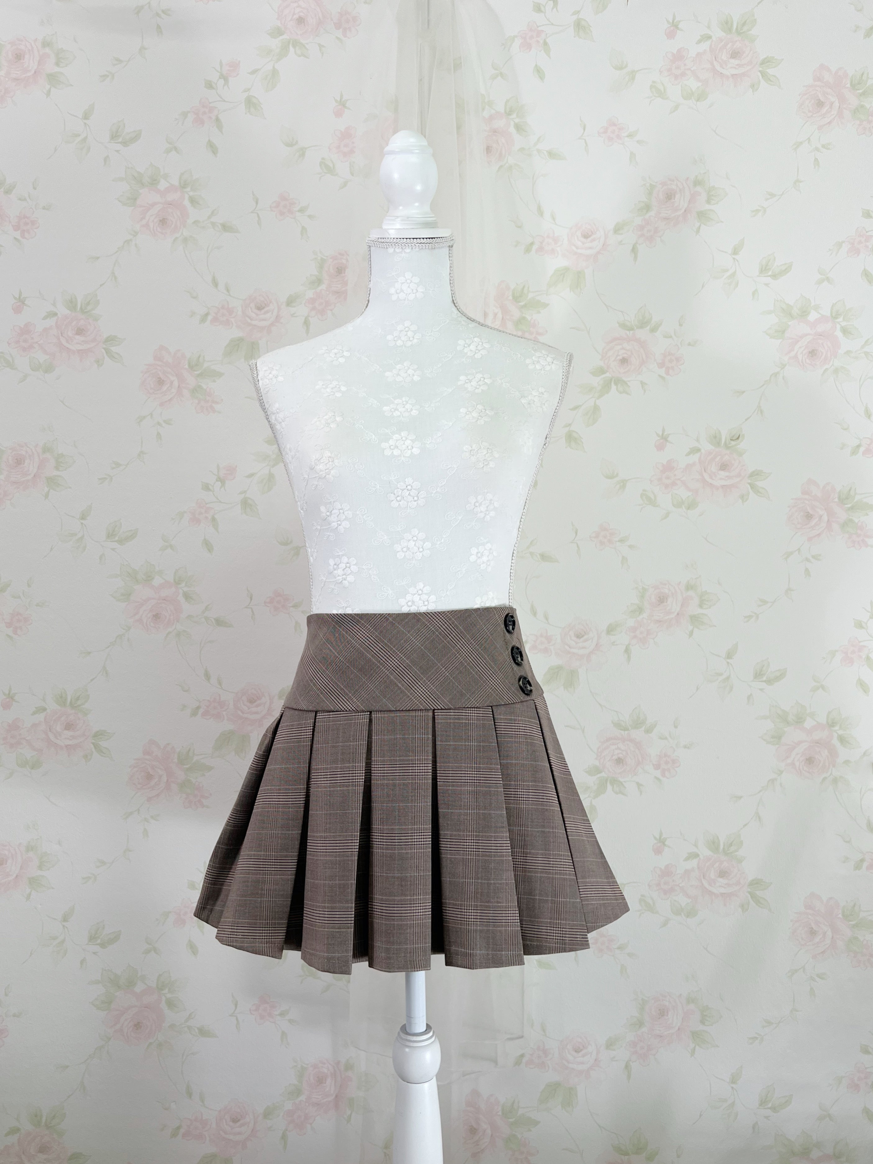 Double Button Checked Pleated Skirt (Brown)
