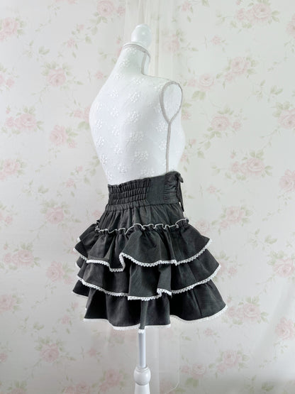 Pium Tiered High Waist Side Bow Skirt (Dark Gray)