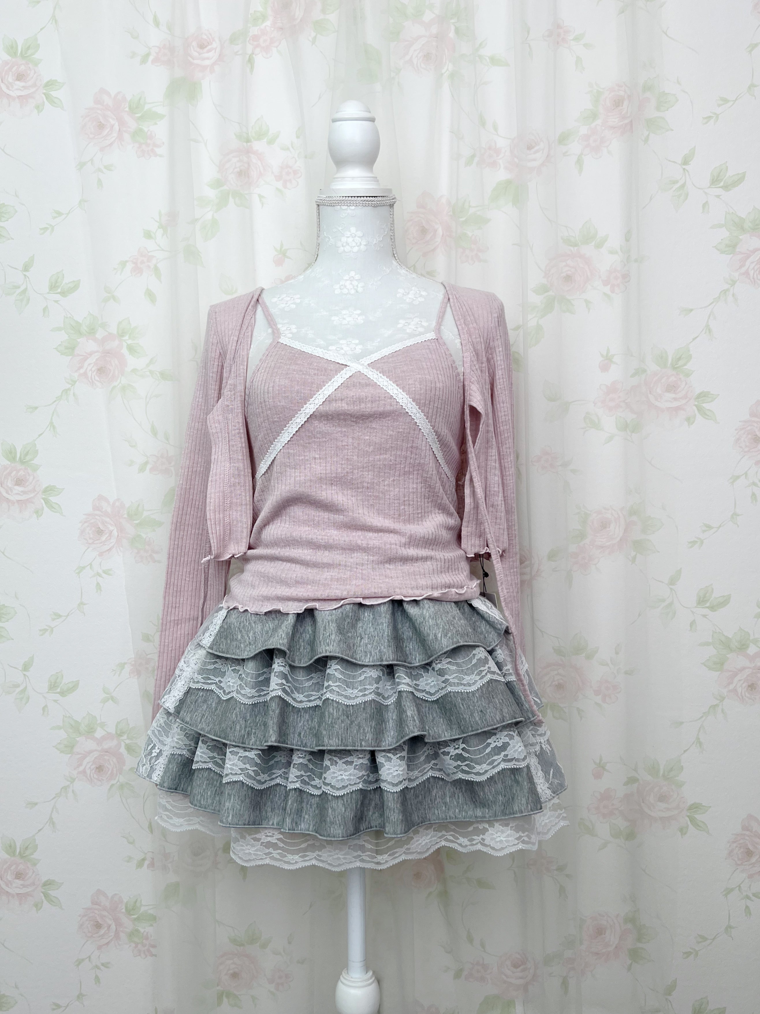 Lace Framed Camisole &Cardigan Set (Pink)