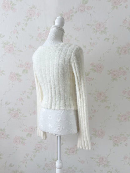 GRL Shaggy Square Neck Knit Top (White)