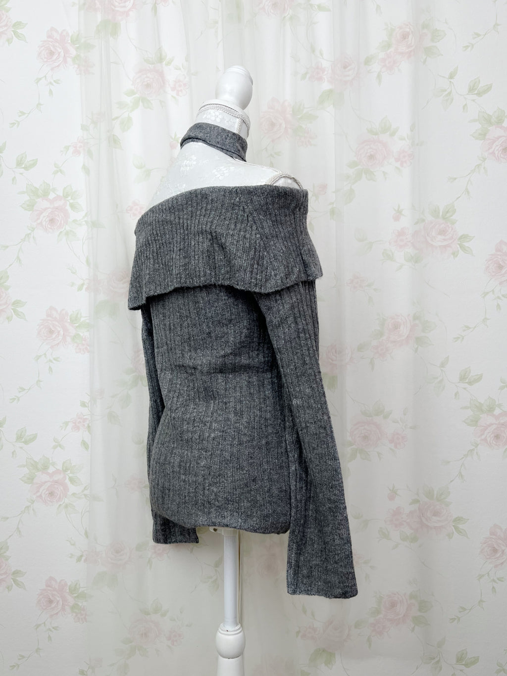 Off Shoulder Button Up Knit Top (Gray)