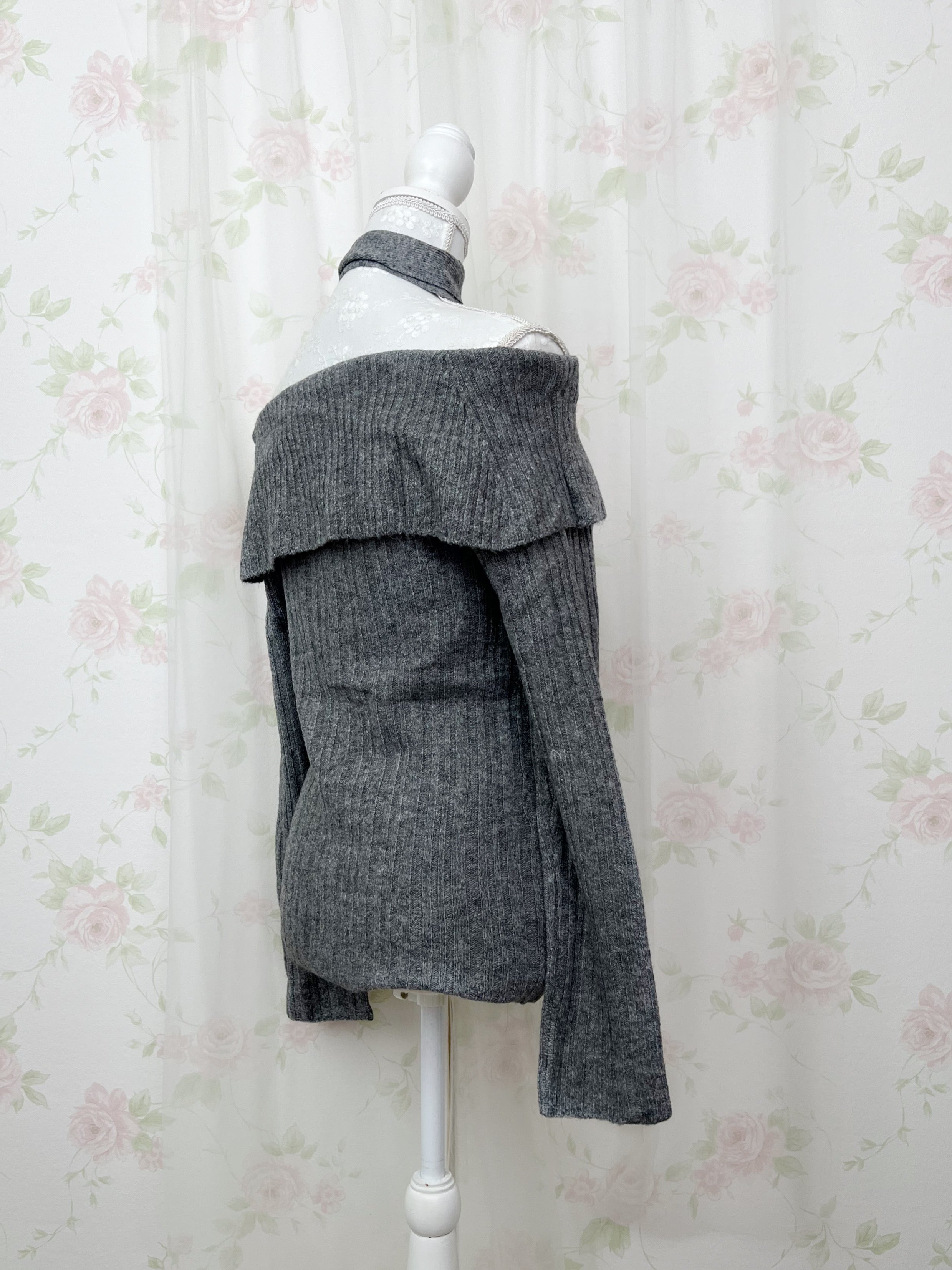 Off Shoulder Button Up Knit Top (Gray)
