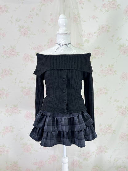 GRL Tiered Checked Skirt (Navy Gray)