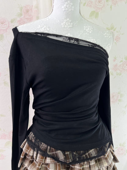 GRL Lacy Tulle Long Sleeved One Shoulder Top