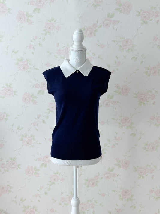 Preppy Collar Pearl Top (Navy)