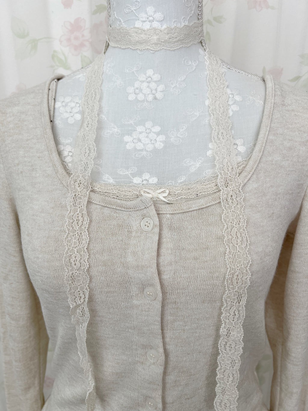 Polka Dot Cardigan Camisole Set (Beige)