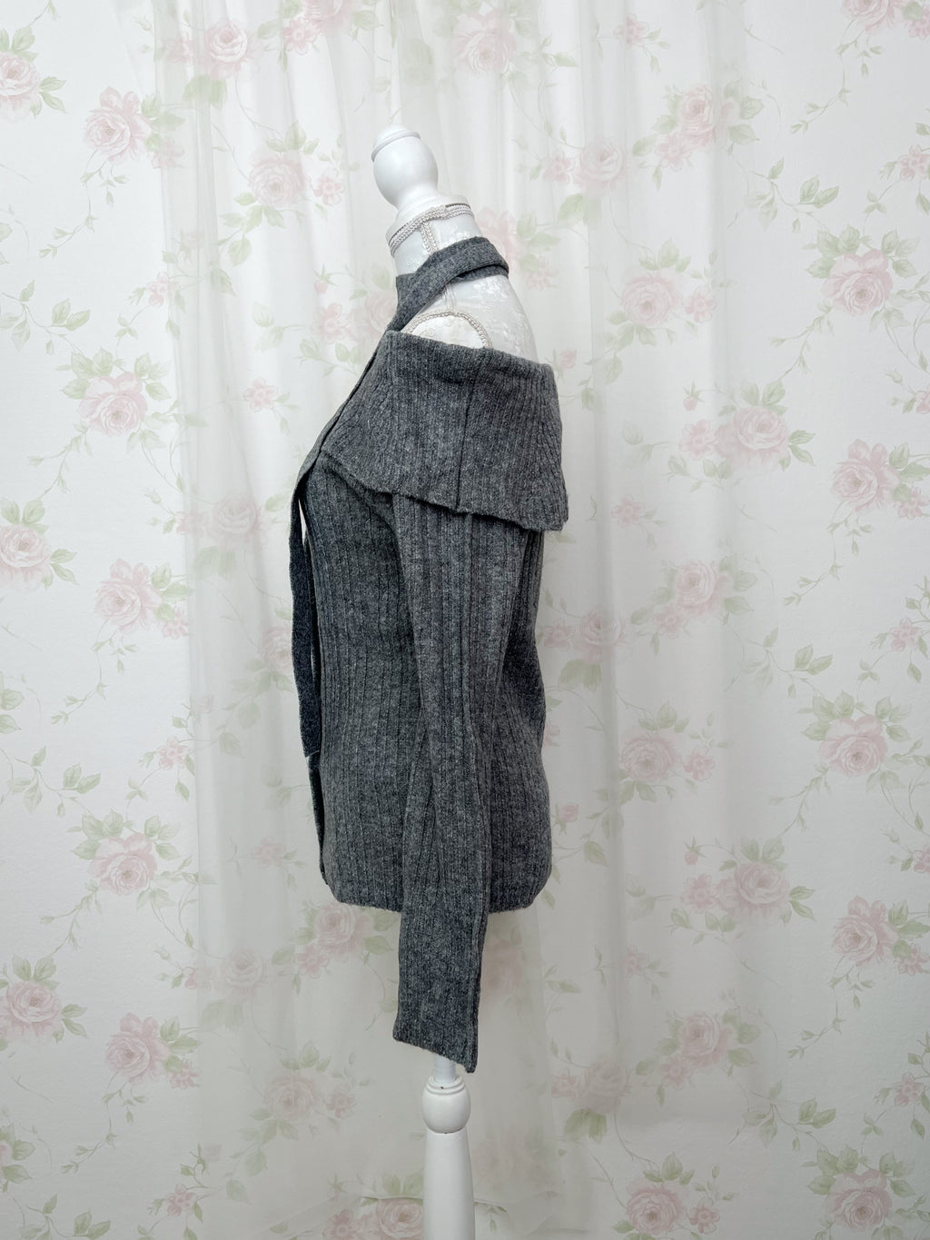 Off Shoulder Button Up Knit Top (Gray)