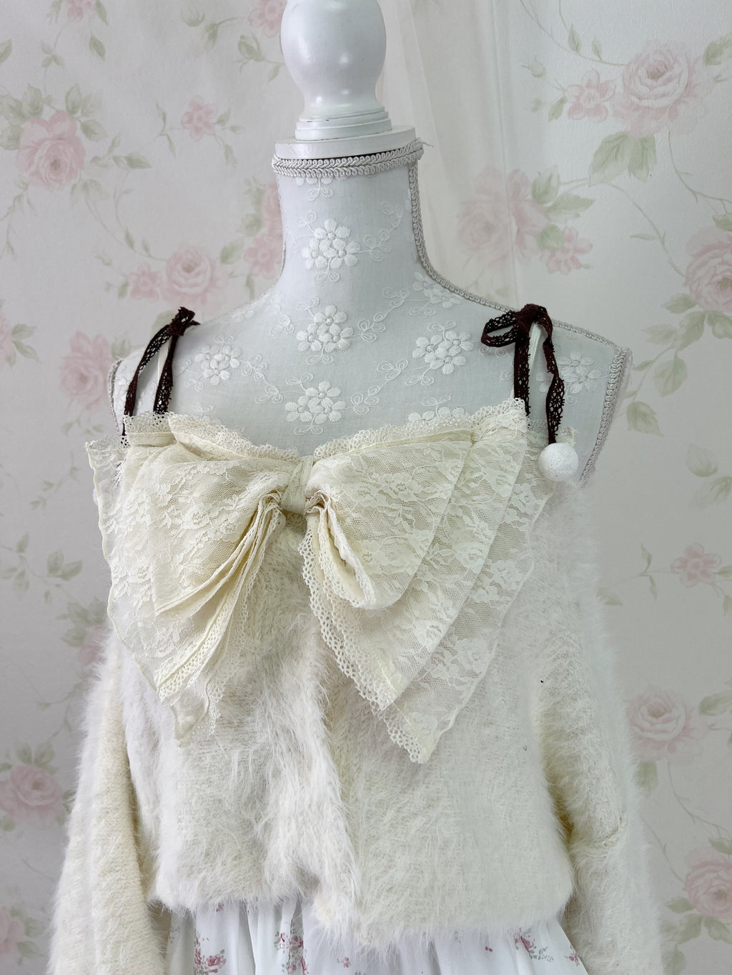 MultiPal Store Original Pom Pom Lace Strap Shaggy Sweater (Ivory)