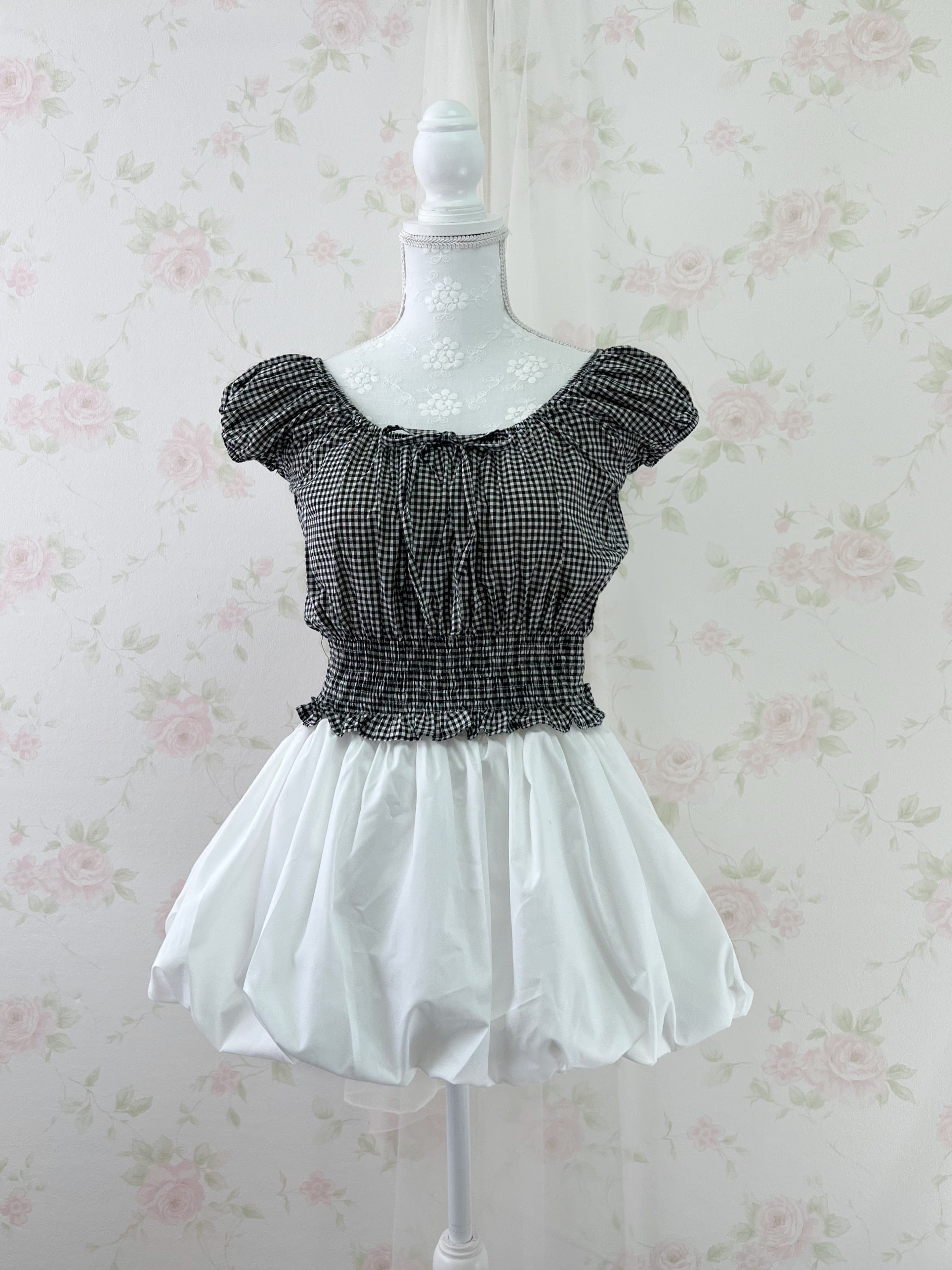 2 Way Gingham Checked Cotton Blouse (Black)