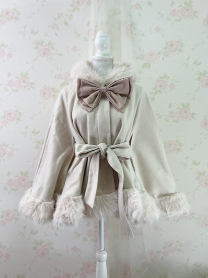 GRL Fake Fur Hood Poncho Coat (Ivory)