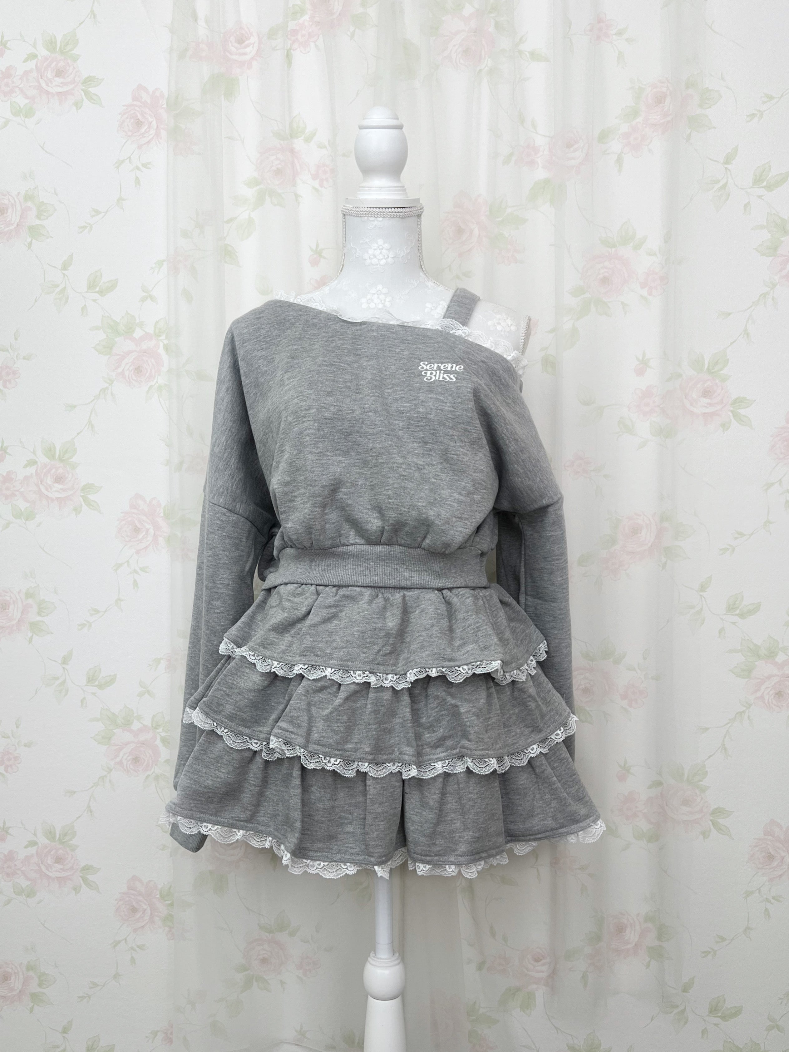 One Shoulder Top&Lace Sweat Skirt Set (Gray)