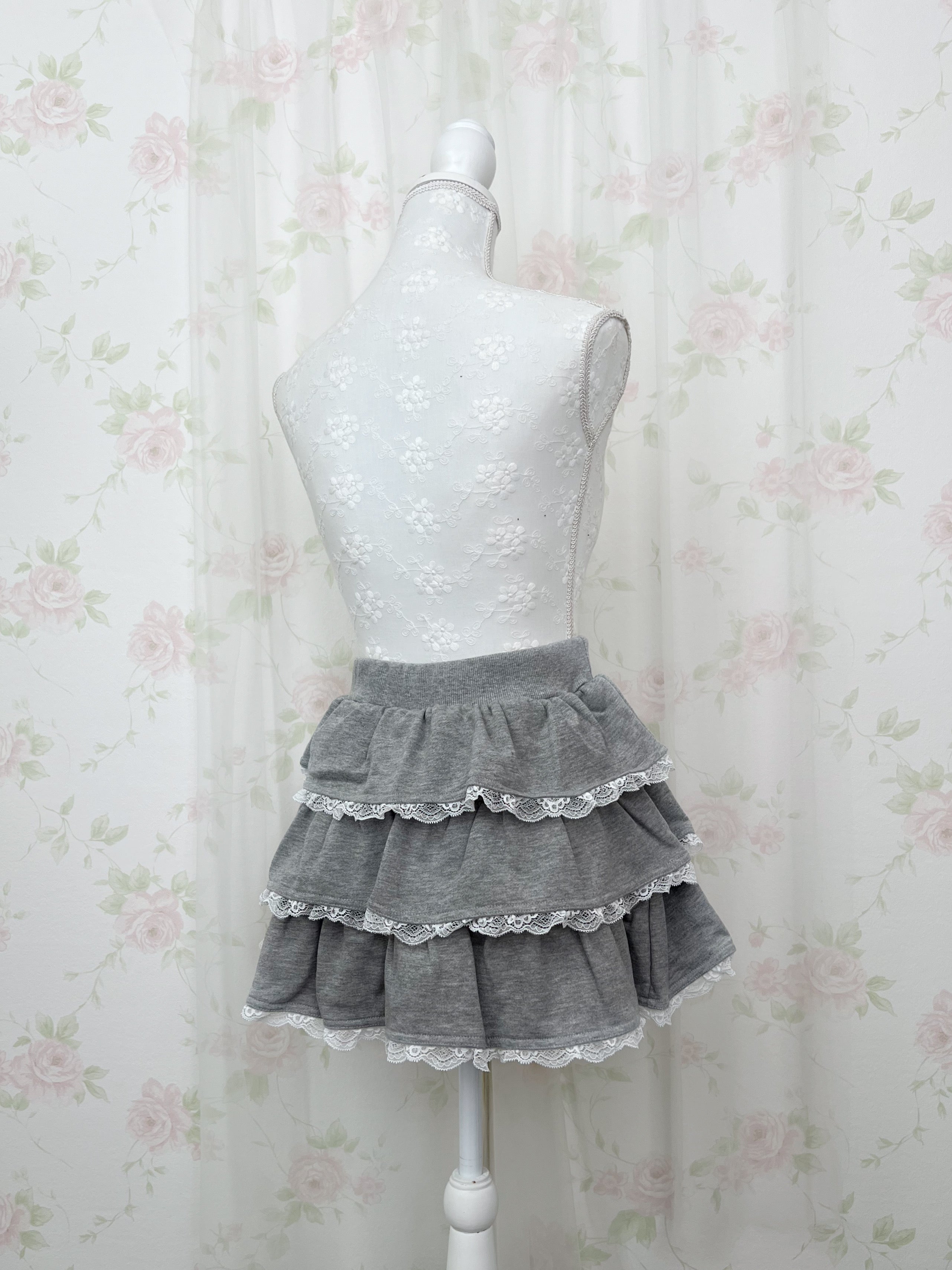 One Shoulder Top&Lace Sweat Skirt Set (Gray)