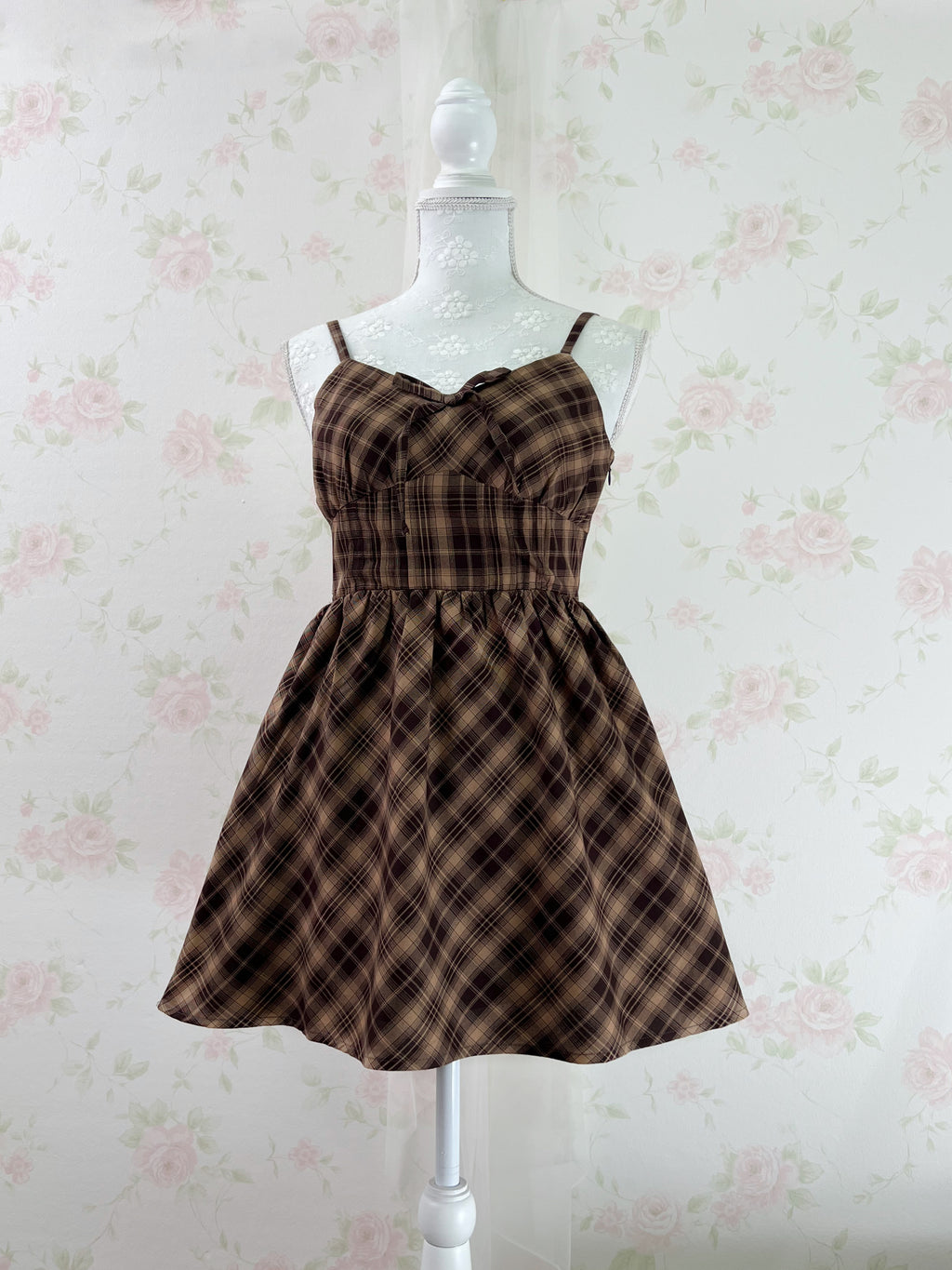 GRL Corset Camisole Checked Dress (Chocolate)