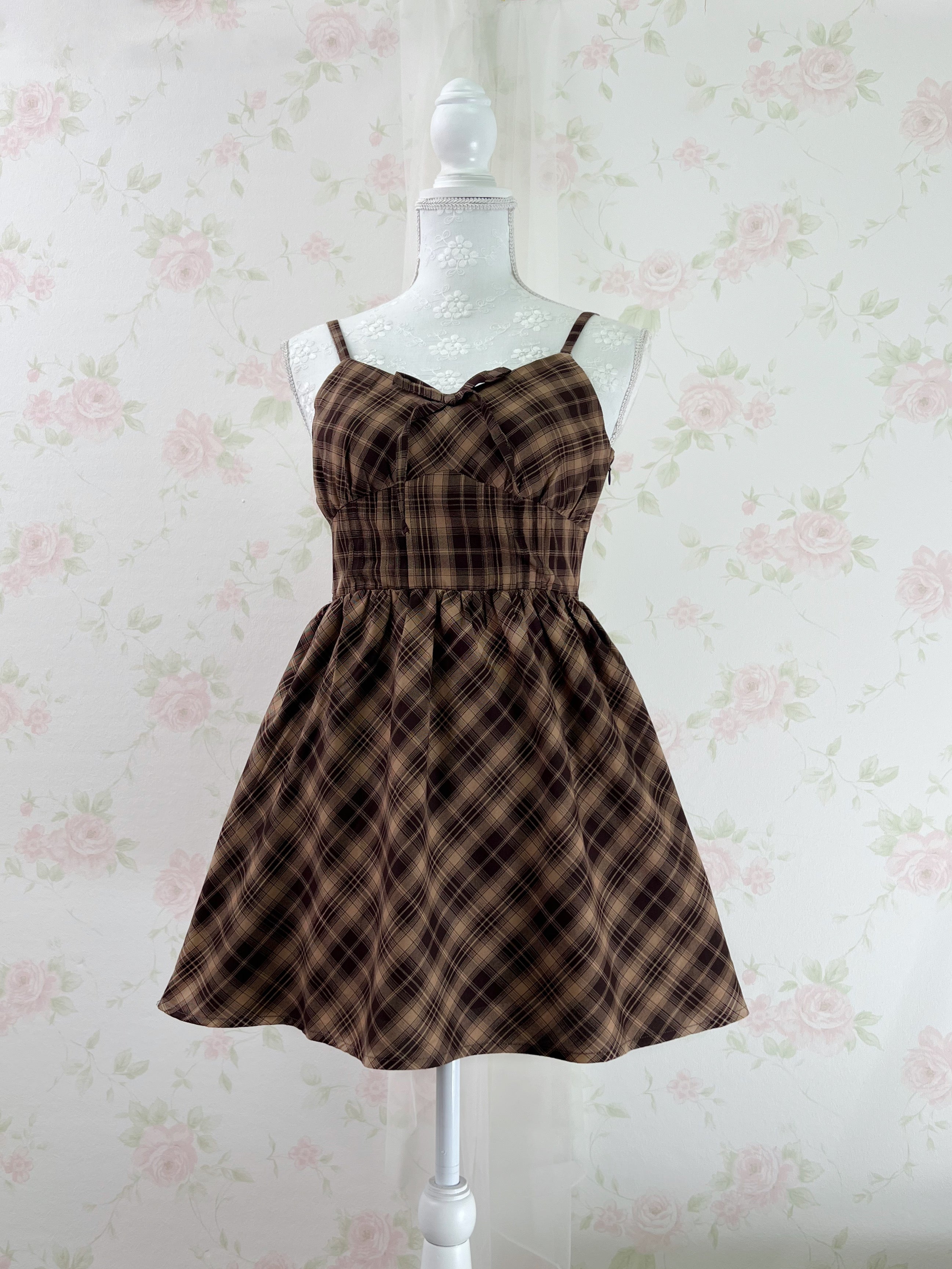 GRL Corset Camisole Checked Dress (Chocolate)