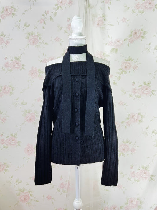 GRL Off Shoulder Button Up Knit Top (Black)