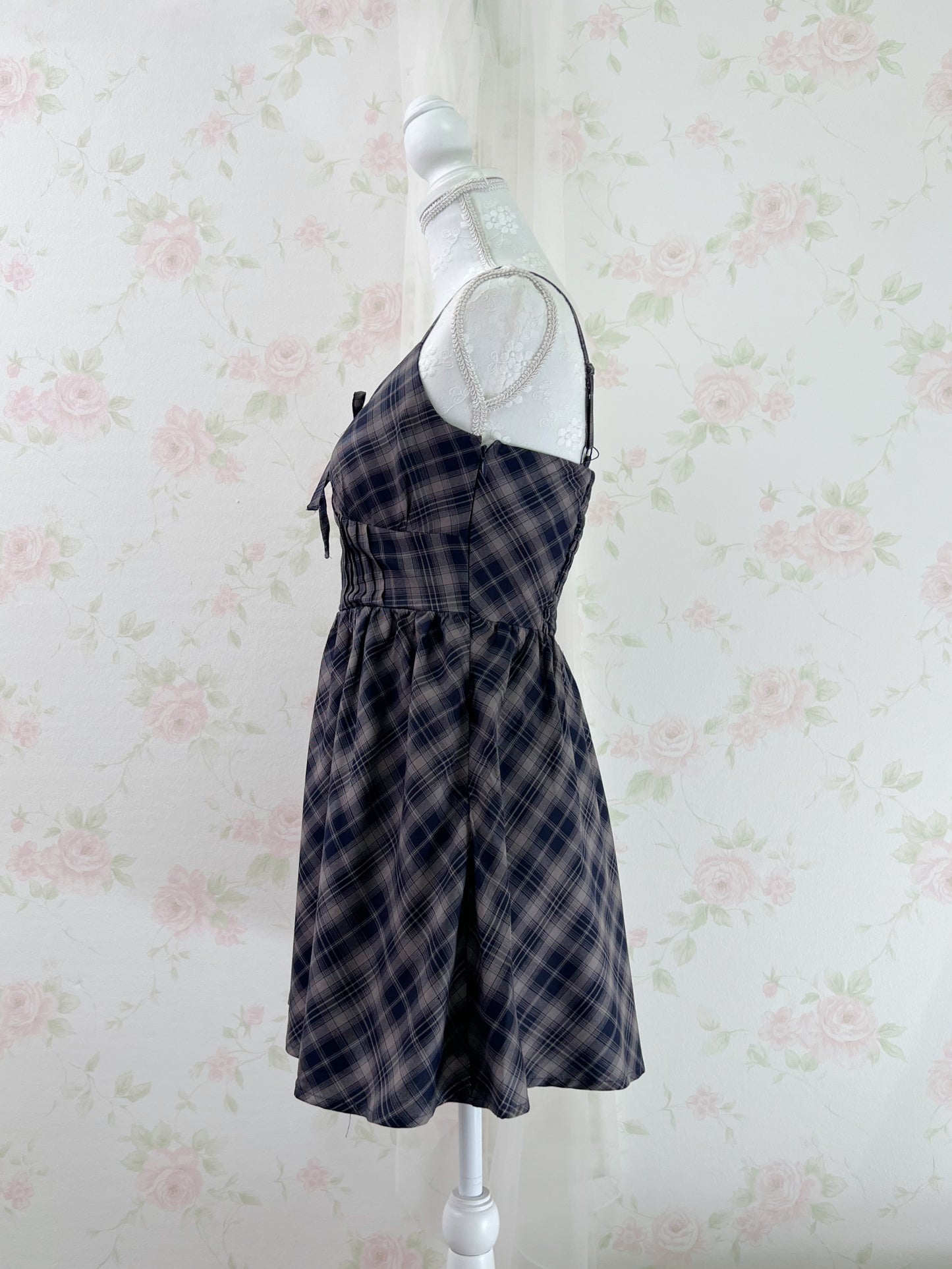 GRL Corset Camisole Checked Dress (Navy)