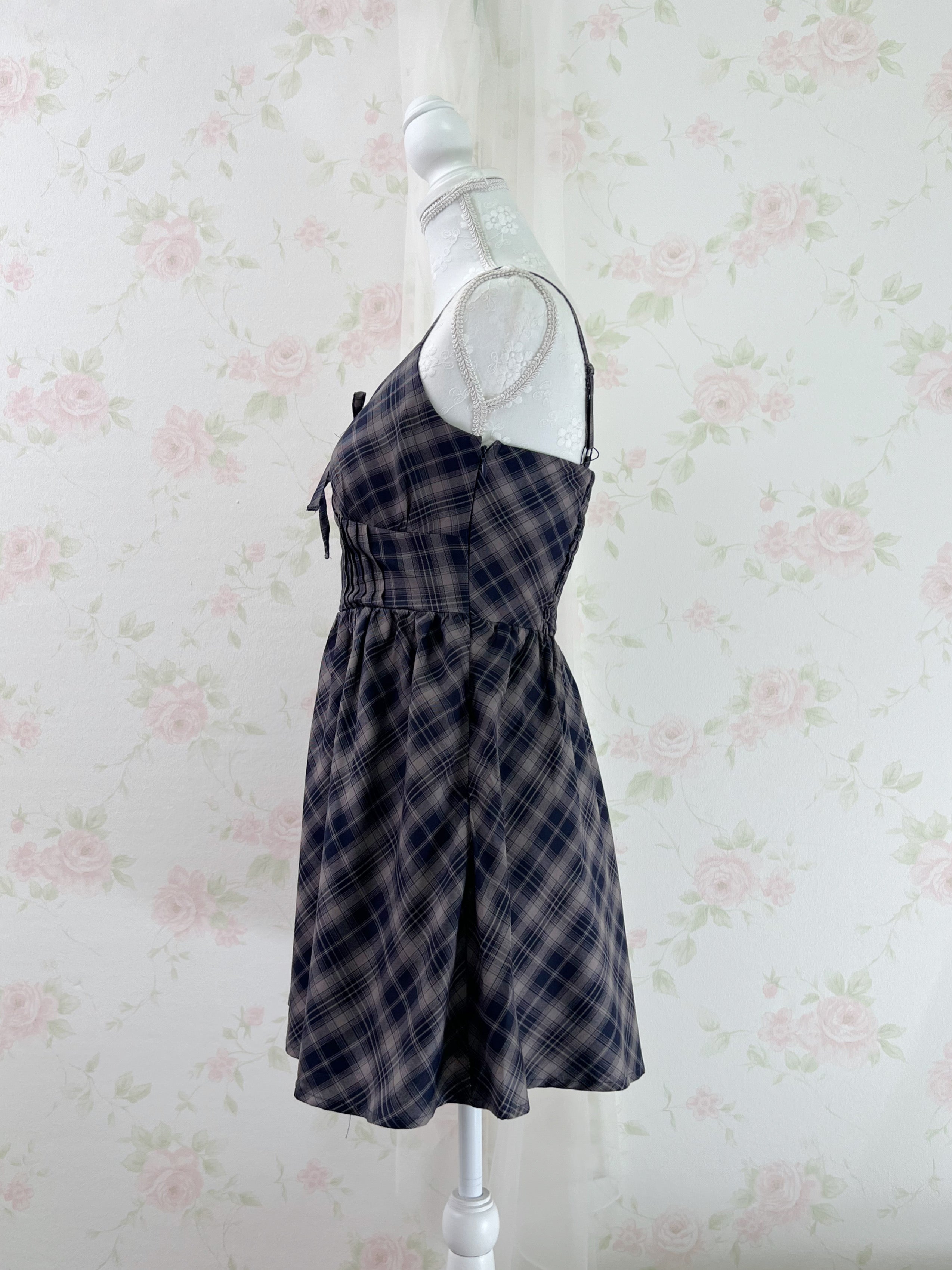 Corset Camisole Checked Dress (Navy)
