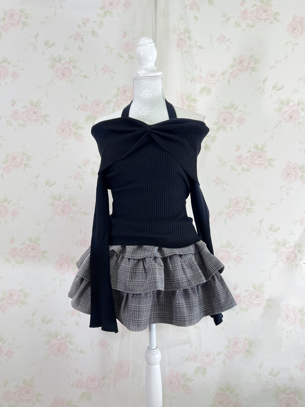 Sweet Tiered Checked Skirt (Gray)