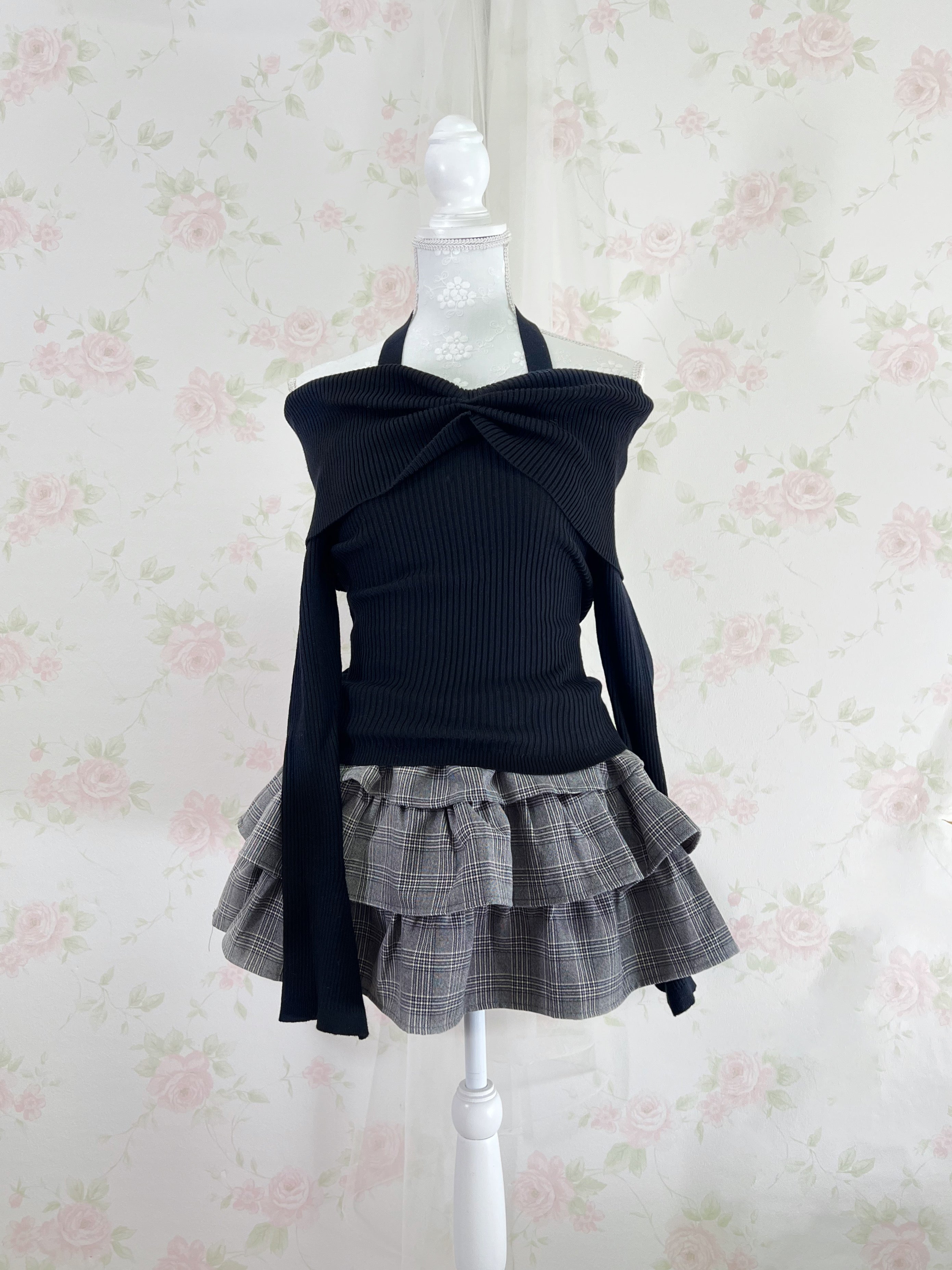 Sweet Tiered Checked Skirt (Gray)