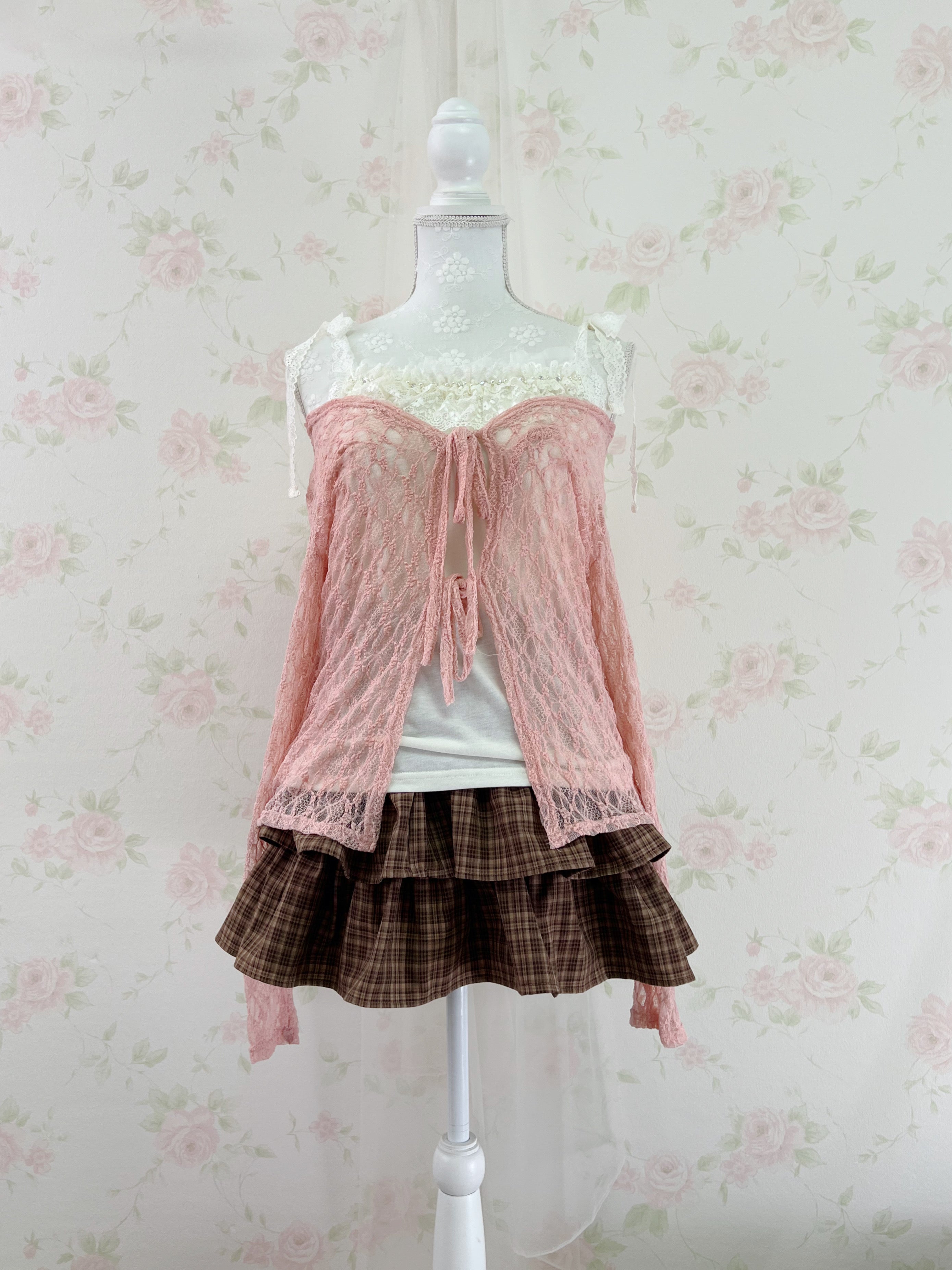 Lacy Double String Cardigan (Peach Pink)