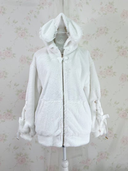 Bunny Ear Laced Up Sleeve Hoodie（White)